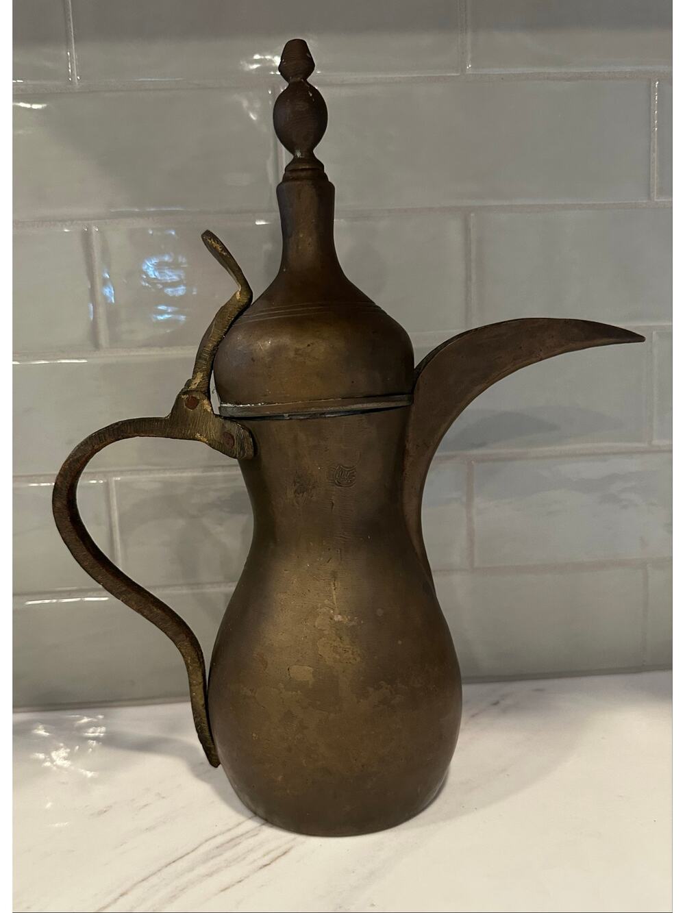 Antique Handmade Brass Dallah Coffee Pot Ewer Tinned Interior 12” Tall